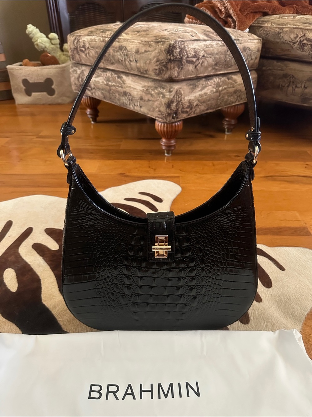 Brahmin Fallon Slim Black Croc-Embossed Leather Shoulder Bag